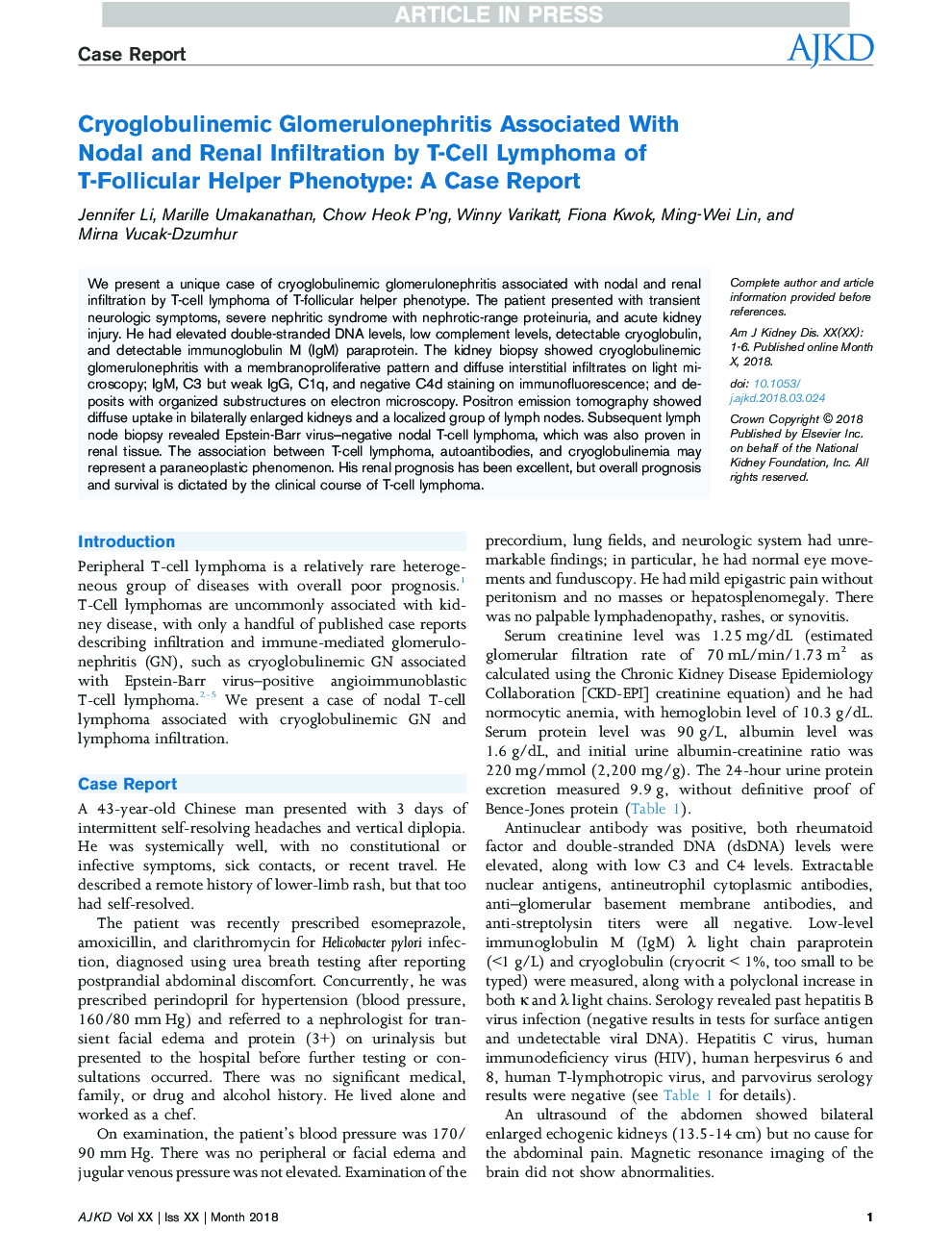 Cryoglobulinemic Glomerulonephritis Associated With Nodal and Renal Infiltration by T-Cell Lymphoma of T-Follicular Helper Phenotype: A Case Report