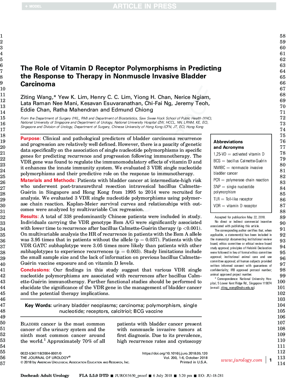 The Role of Vitamin D Receptor Polymorphisms in Predicting the Response to Therapy for Nonmuscle Invasive Bladder Carcinoma