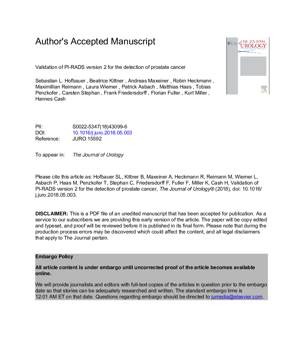 Validation of Prostate Imaging Reporting and Data System Version 2 for the Detection of Prostate Cancer