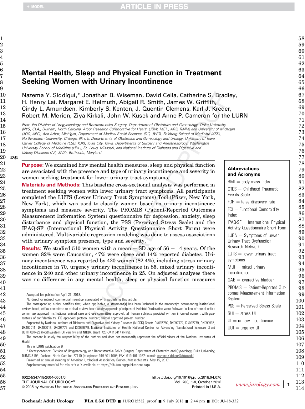 Mental Health, Sleep and Physical Function in Treatment Seeking Women with Urinary Incontinence