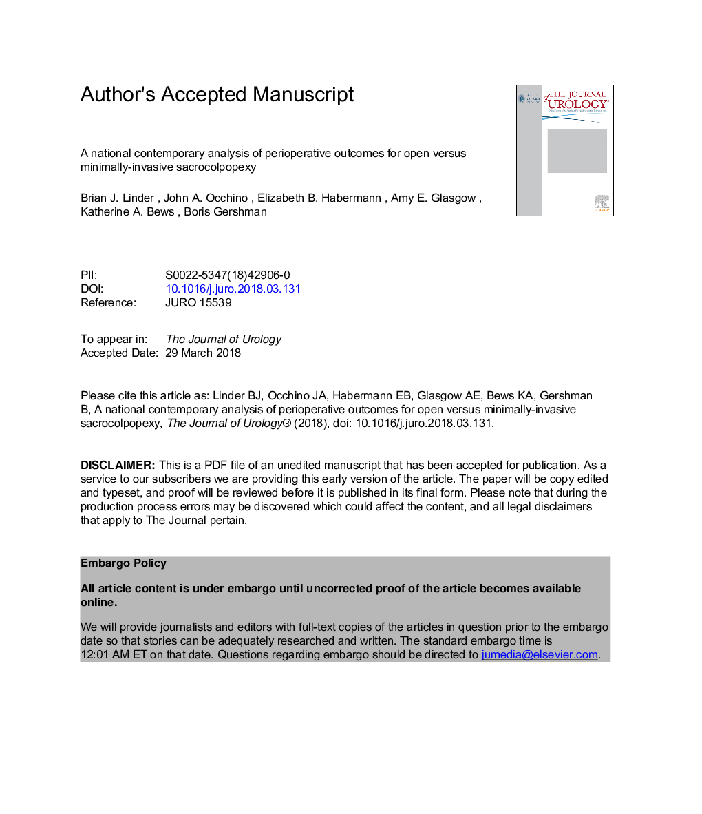 A National Contemporary Analysis of Perioperative Outcomes of Open versus Minimally Invasive Sacrocolpopexy