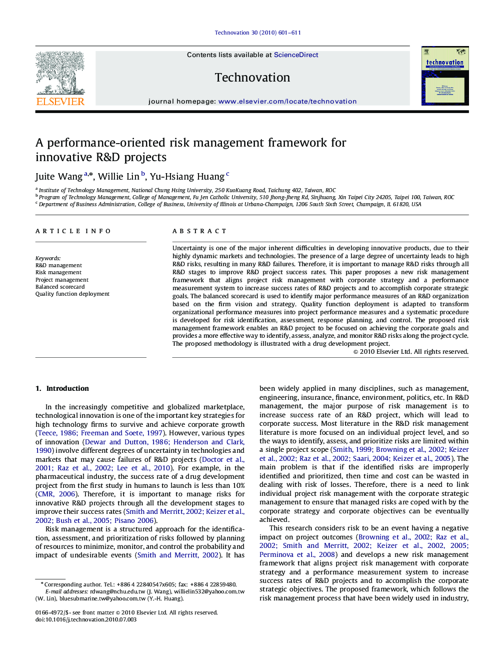 A performance-oriented risk management framework for innovative R&D projects