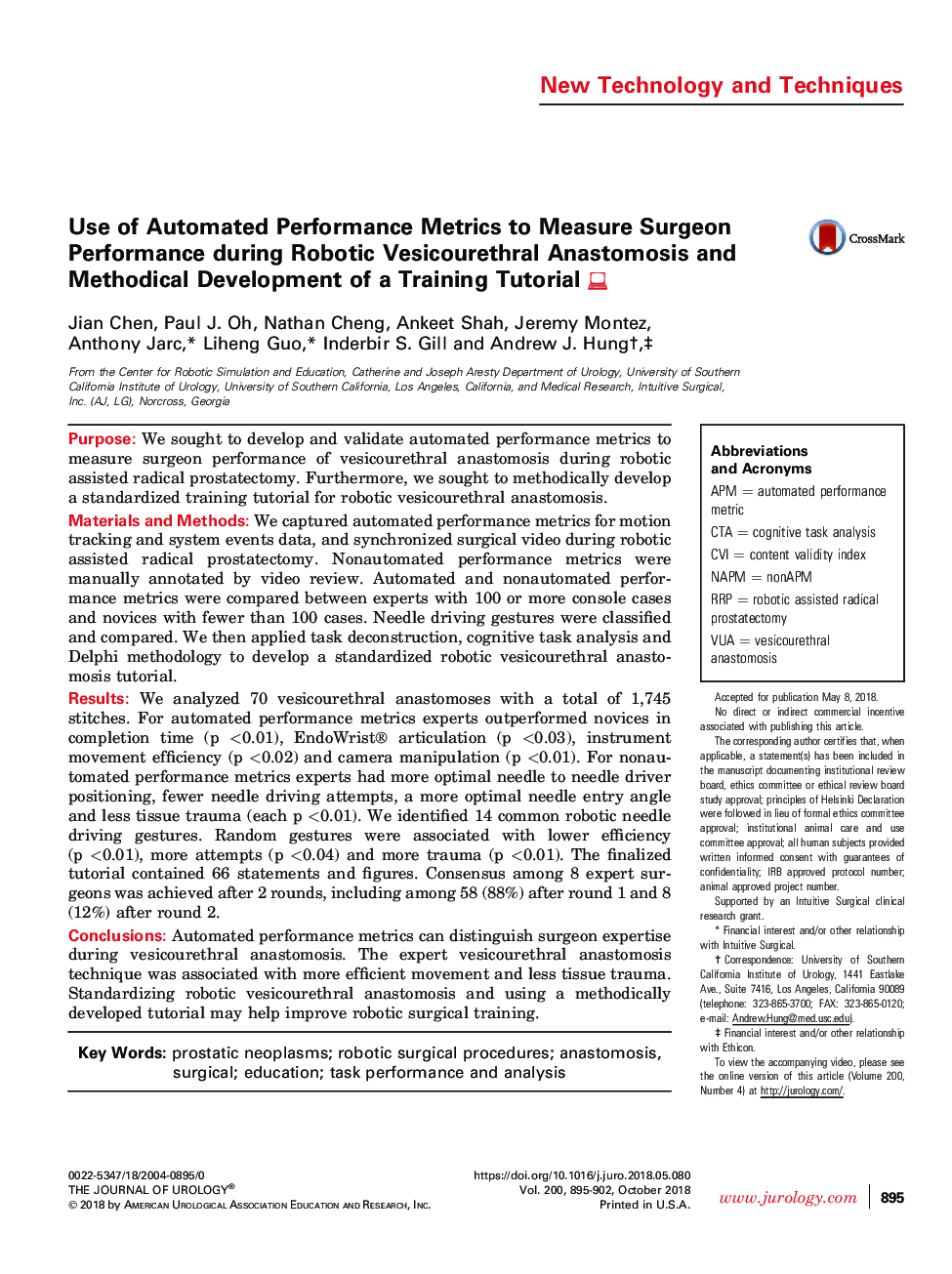 Use of Automated Performance Metrics to Measure Surgeon Performance during Robotic Vesicourethral Anastomosis and Methodical Development of a Training Tutorial