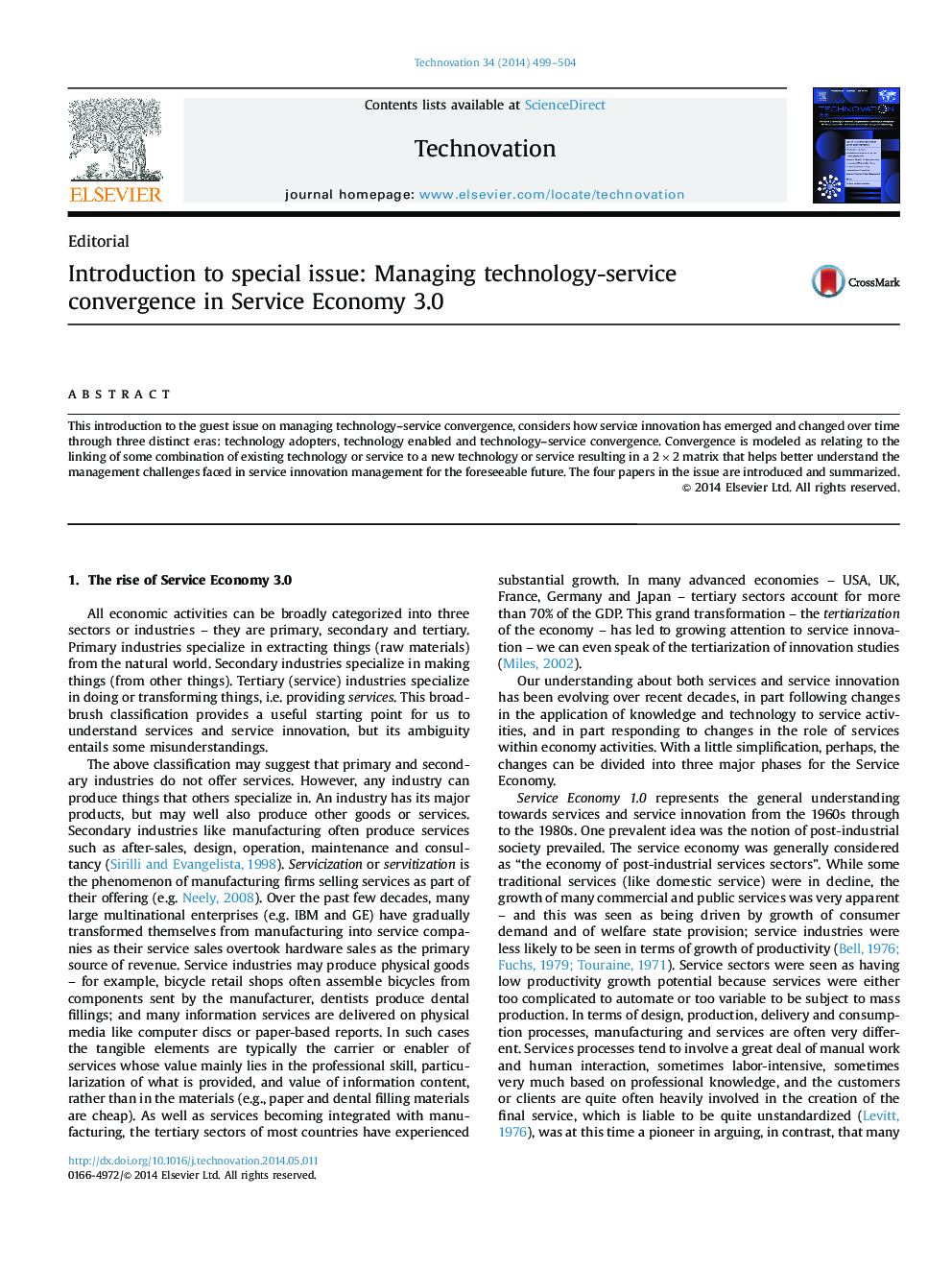 Introduction to special issue: Managing technology-service convergence in Service Economy 3.0