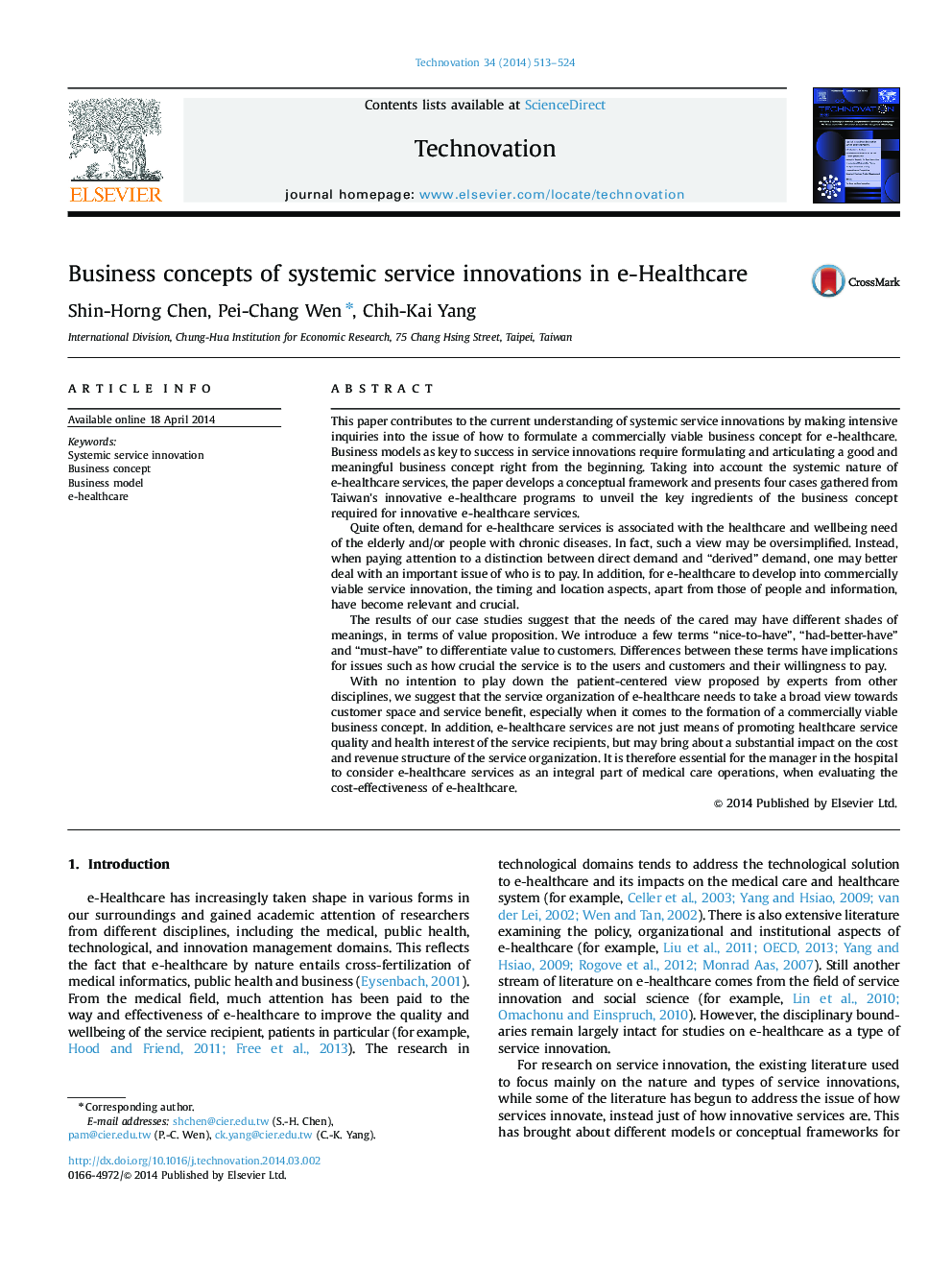 Business concepts of systemic service innovations in e-Healthcare