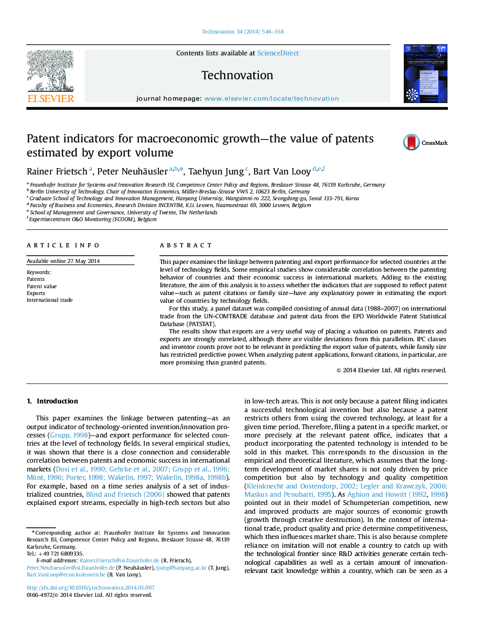 Patent indicators for macroeconomic growth—the value of patents estimated by export volume