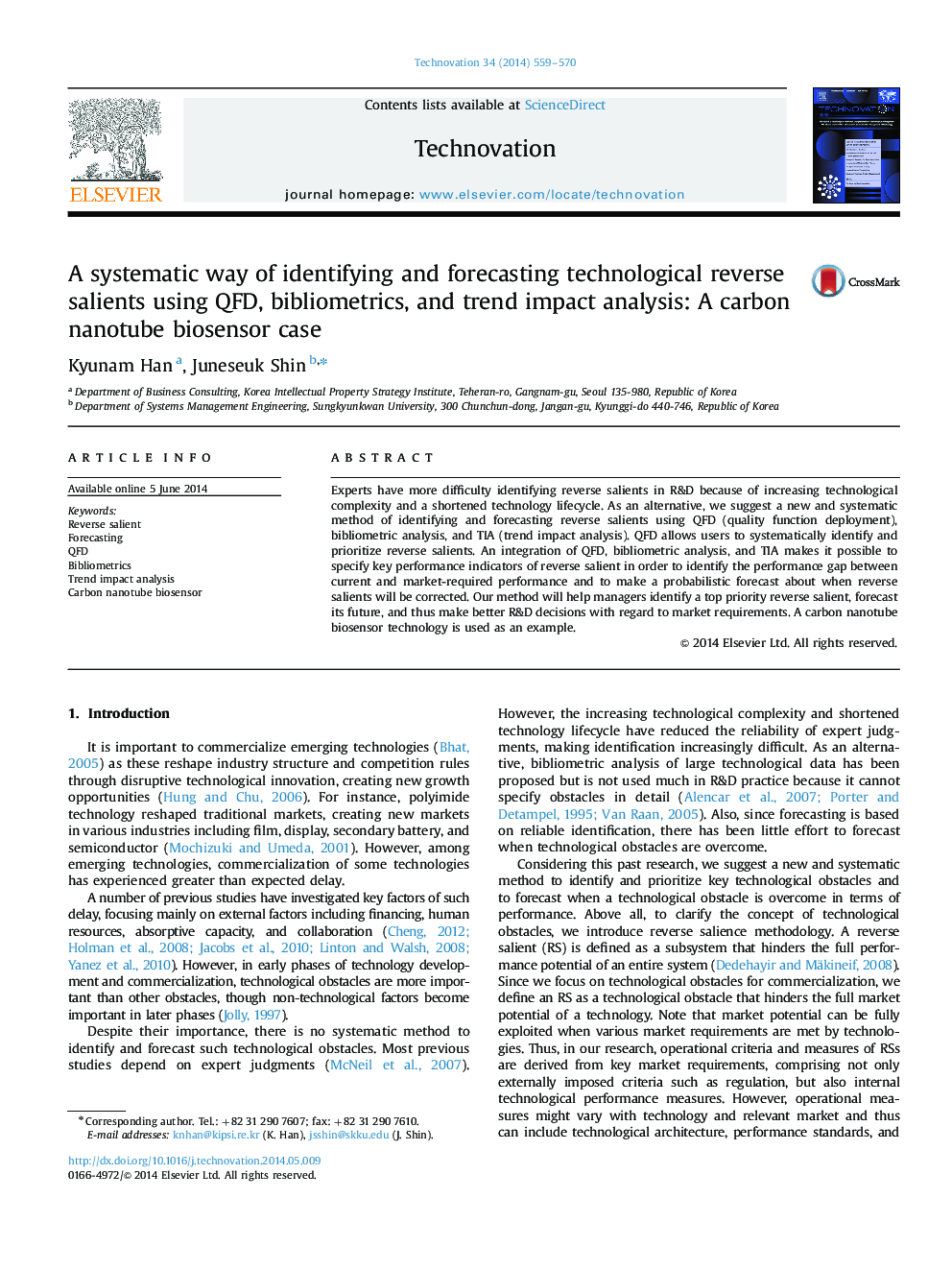 A systematic way of identifying and forecasting technological reverse salients using QFD, bibliometrics, and trend impact analysis: A carbon nanotube biosensor case