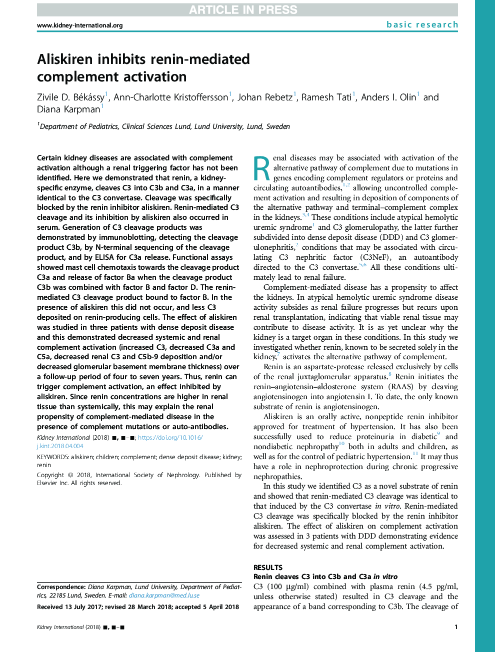 Aliskiren inhibits renin-mediated complementÂ activation