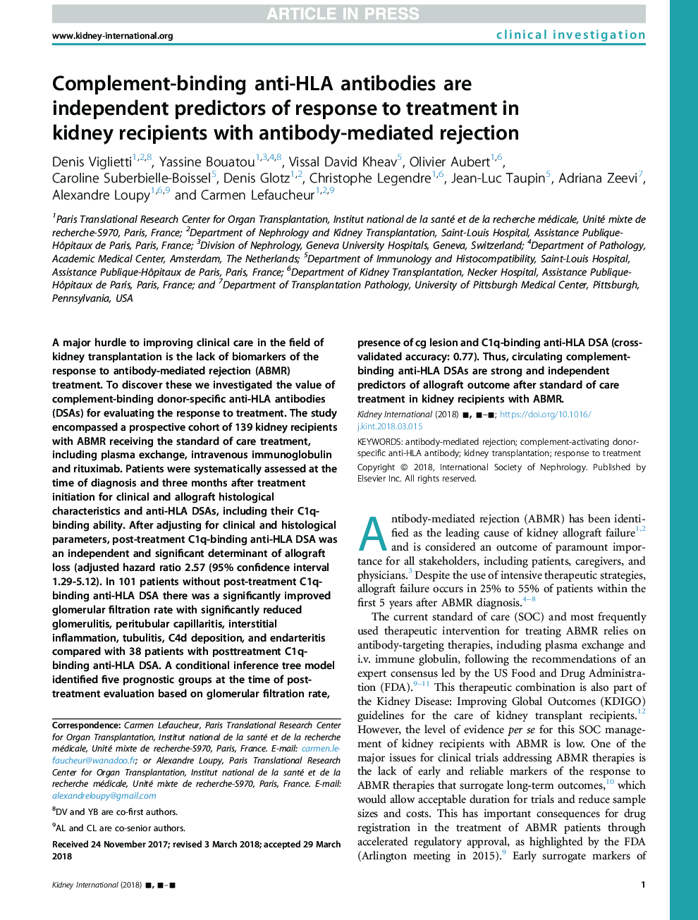 Complement-binding anti-HLA antibodies are independent predictors of response to treatment in kidney recipients with antibody-mediated rejection