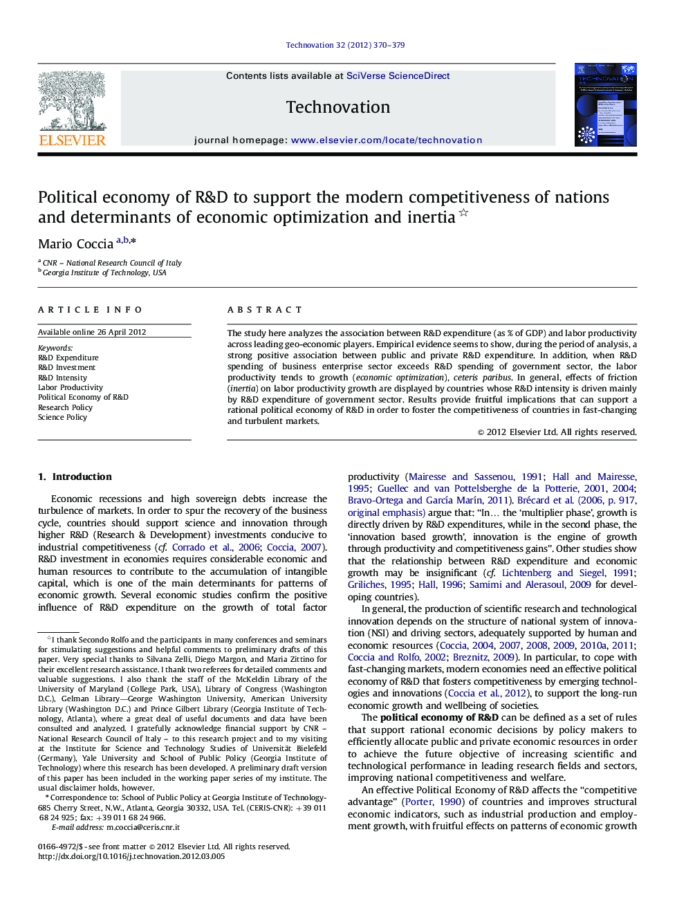 Political economy of R&D to support the modern competitiveness of nations and determinants of economic optimization and inertia 