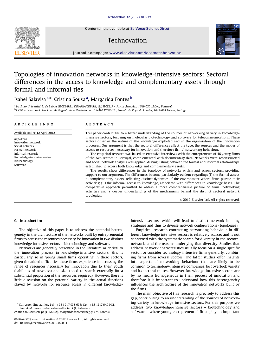 Topologies of innovation networks in knowledge-intensive sectors: Sectoral differences in the access to knowledge and complementary assets through formal and informal ties