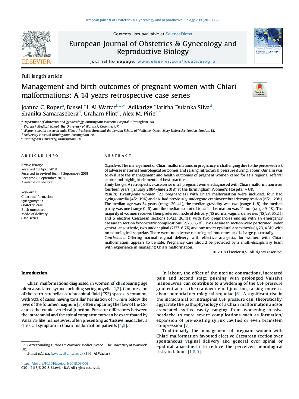 Management and birth outcomes of pregnant women with Chiari malformations: A 14 years retrospective case series