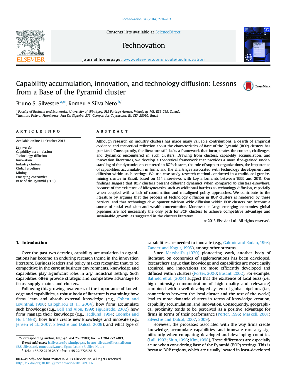 Capability accumulation, innovation, and technology diffusion: Lessons from a Base of the Pyramid cluster