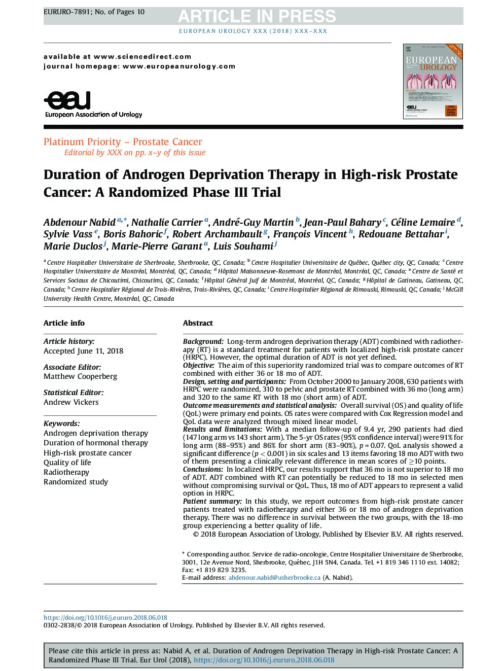Duration of Androgen Deprivation Therapy in High-risk Prostate Cancer: A Randomized Phase III Trial