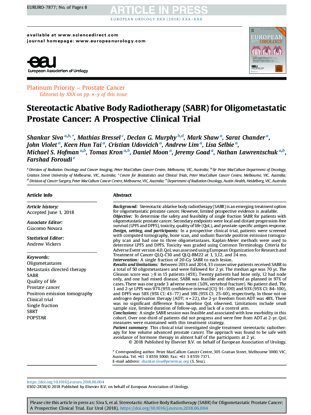 Stereotactic Abative Body Radiotherapy (SABR) for Oligometastatic Prostate Cancer: A Prospective Clinical Trial