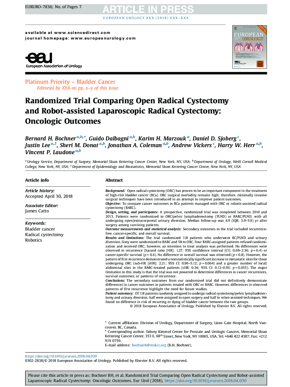 Randomized Trial Comparing Open Radical Cystectomy and Robot-assisted Laparoscopic Radical Cystectomy: Oncologic Outcomes