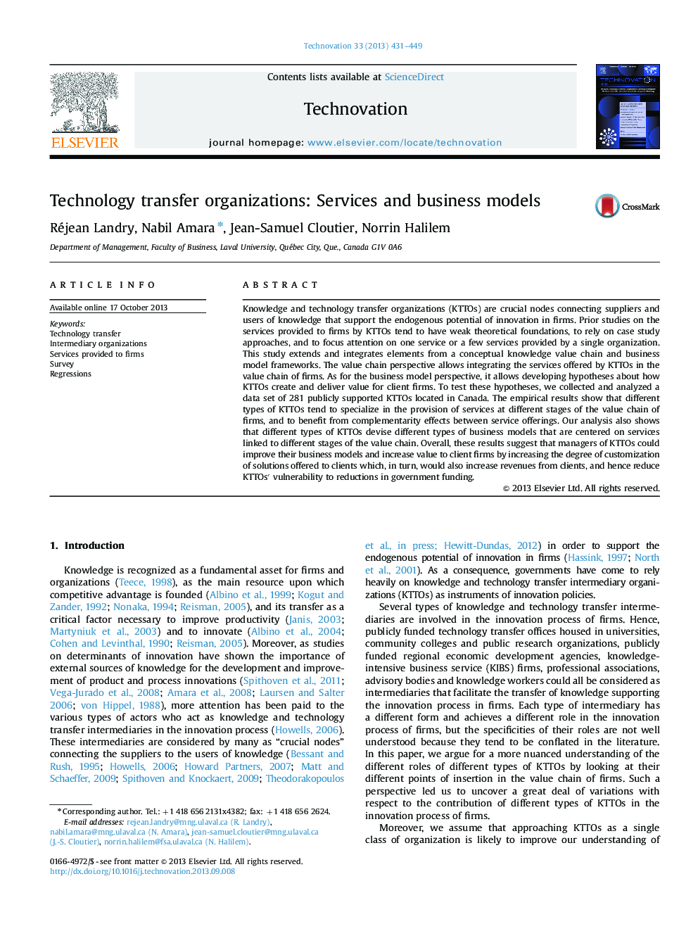 Technology transfer organizations: Services and business models