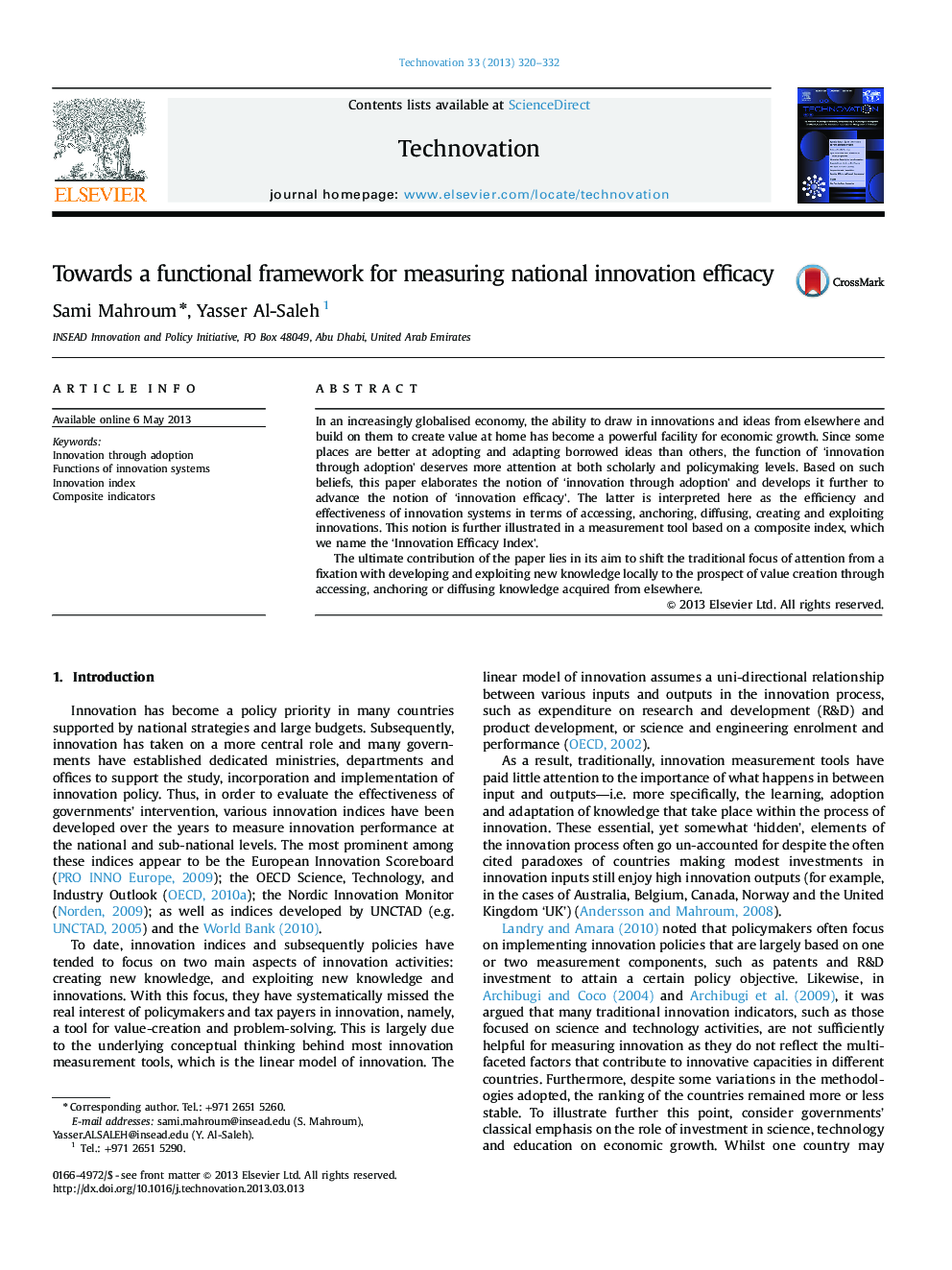 Towards a functional framework for measuring national innovation efficacy