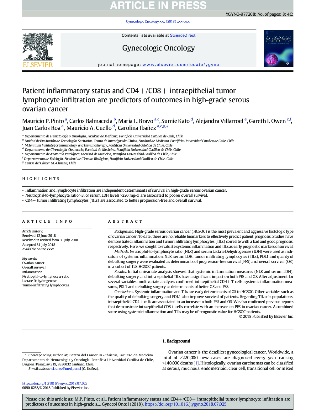 Patient inflammatory status and CD4+/CD8+ intraepithelial tumor lymphocyte infiltration are predictors of outcomes in high-grade serous ovarian cancer