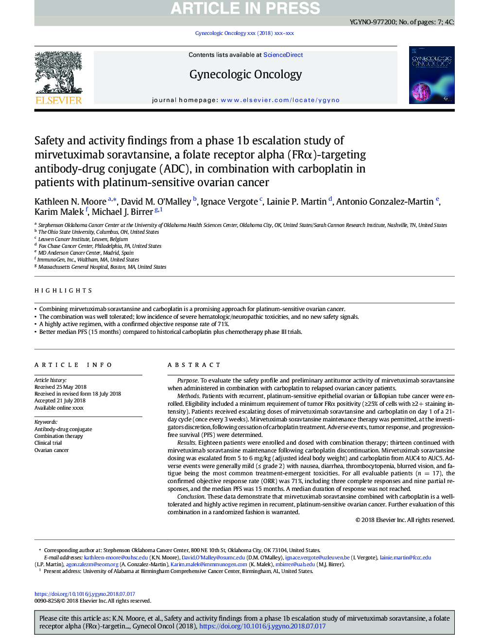 Safety and activity findings from a phase 1b escalation study of mirvetuximab soravtansine, a folate receptor alpha (FRÎ±)-targeting antibody-drug conjugate (ADC), in combination with carboplatin in patients with platinum-sensitive ovarian cancer