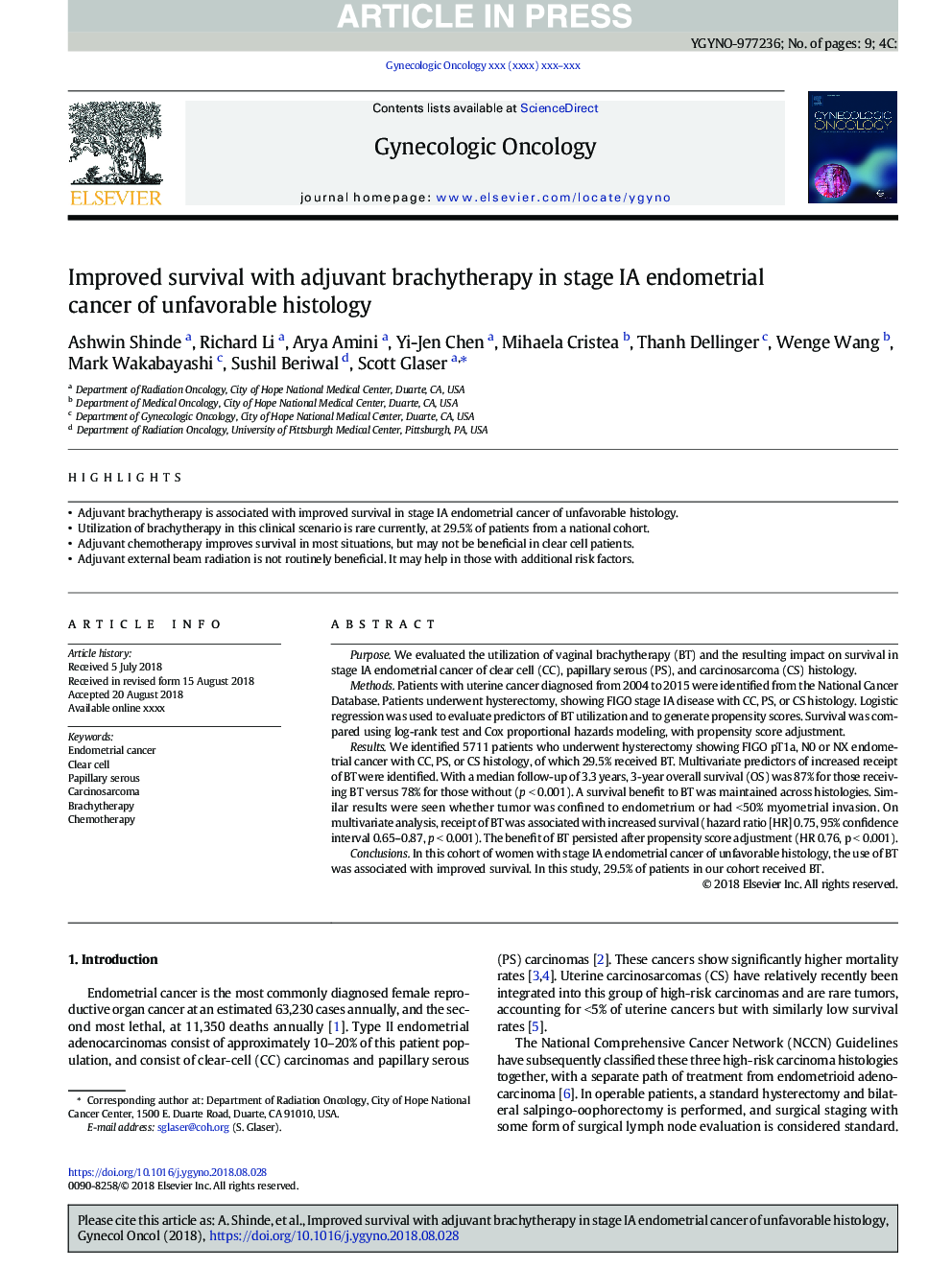 Improved survival with adjuvant brachytherapy in stage IA endometrial cancer of unfavorable histology