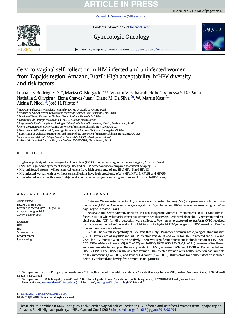 Cervico-vaginal self-collection in HIV-infected and uninfected women from Tapajós region, Amazon, Brazil: High acceptability, hrHPV diversity and risk factors