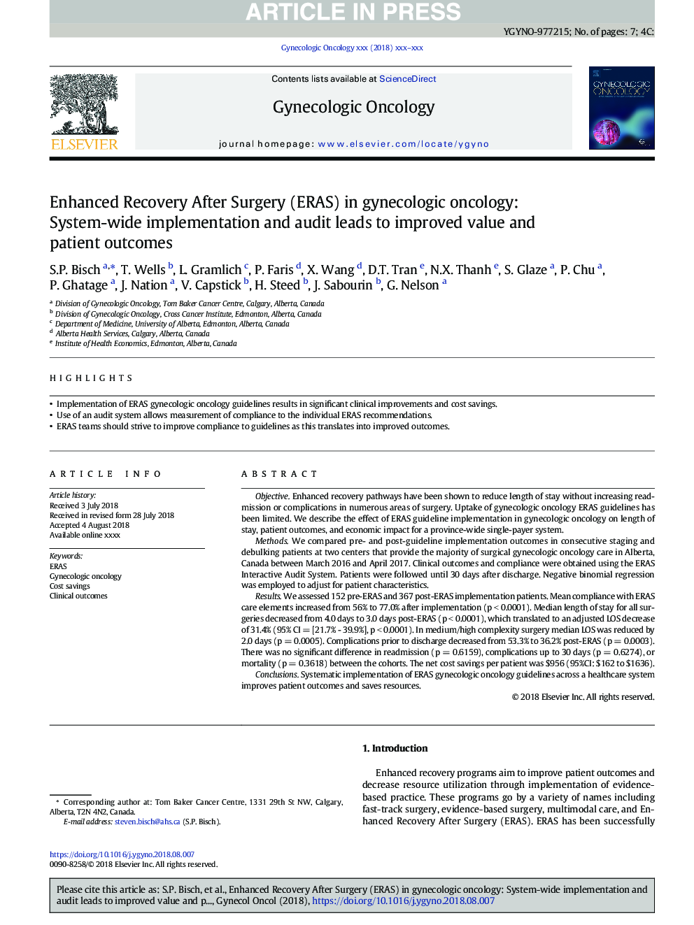 Enhanced Recovery After Surgery (ERAS) in gynecologic oncology: System-wide implementation and audit leads to improved value and patient outcomes