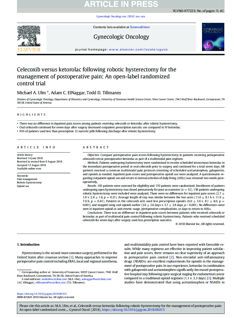 Celecoxib versus ketorolac following robotic hysterectomy for the management of postoperative pain: An open-label randomized control trial