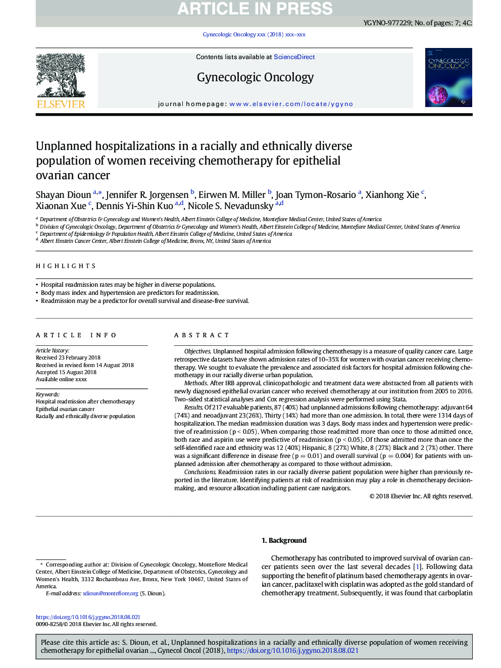 Unplanned hospitalizations in a racially and ethnically diverse population of women receiving chemotherapy for epithelial ovarian cancer