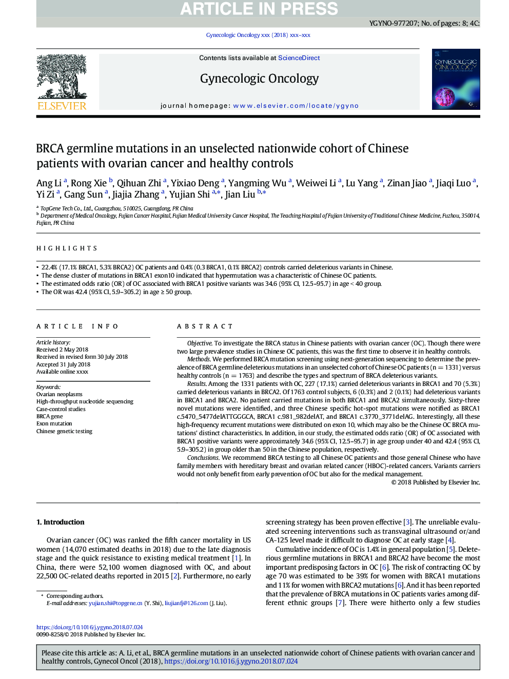 BRCA germline mutations in an unselected nationwide cohort of Chinese patients with ovarian cancer and healthy controls