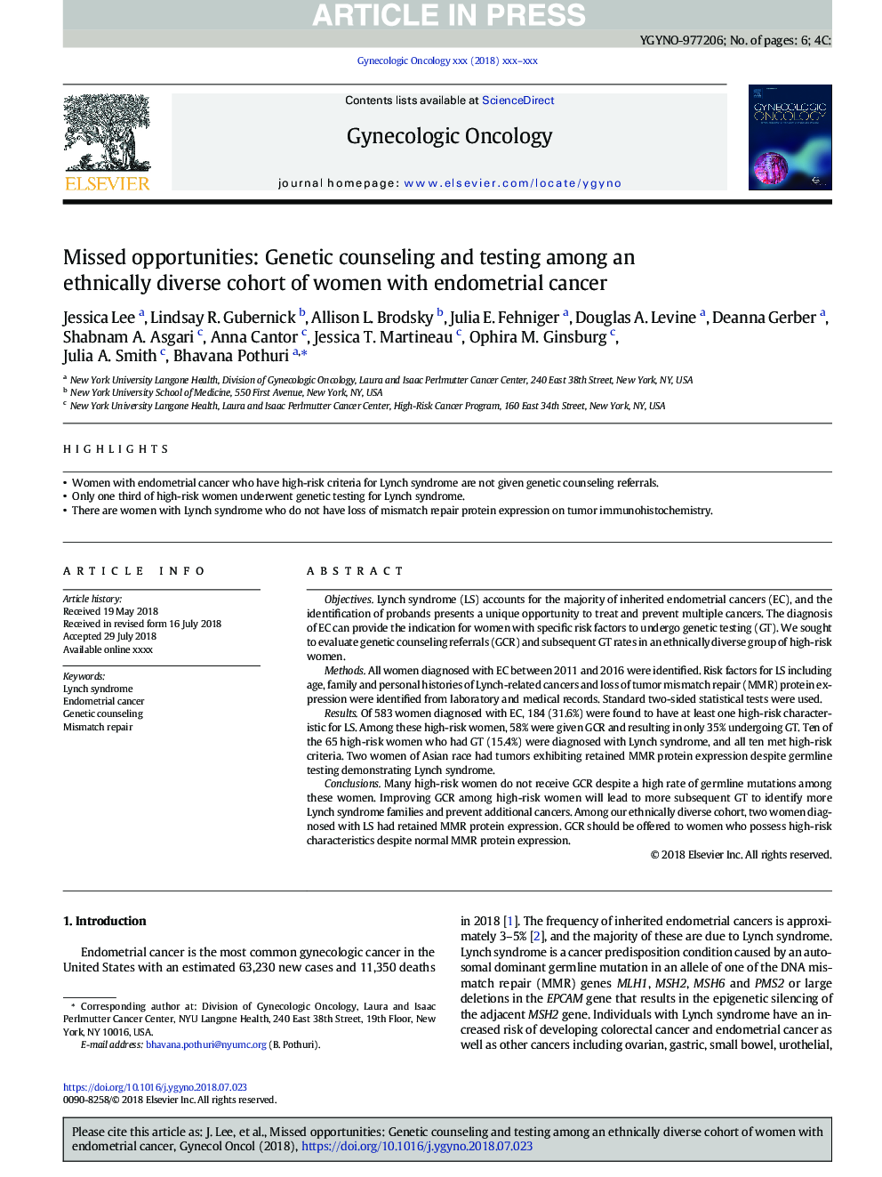 Missed opportunities: Genetic counseling and testing among an ethnically diverse cohort of women with endometrial cancer