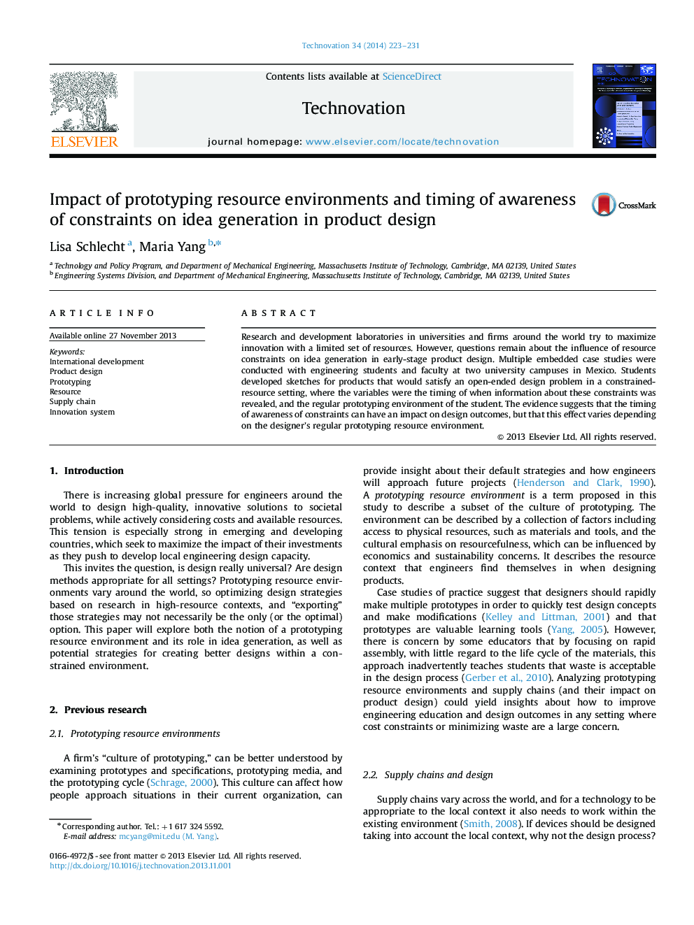 Impact of prototyping resource environments and timing of awareness of constraints on idea generation in product design