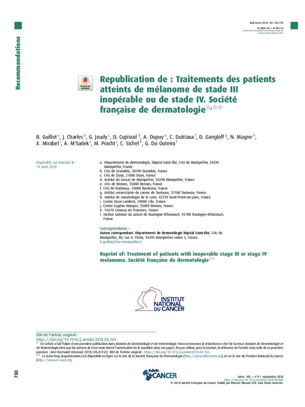 Republication deÂ : Traitements des patients atteints de mélanome de stade III inopérable ou de stade IV. Société française de dermatologie