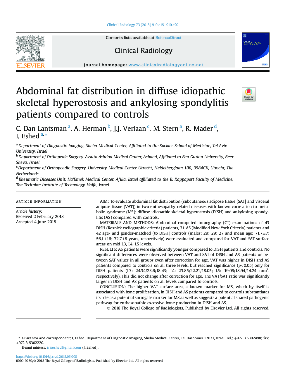 Abdominal fat distribution in diffuse idiopathic skeletal hyperostosis and ankylosing spondylitis patients compared to controls