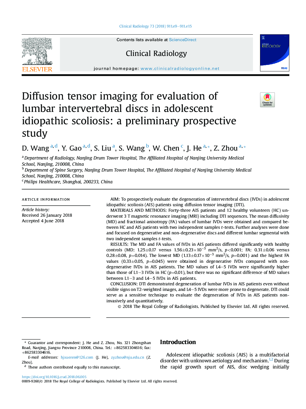 Diffusion tensor imaging for evaluation of lumbar intervertebral discs in adolescent idiopathic scoliosis: a preliminary prospective study