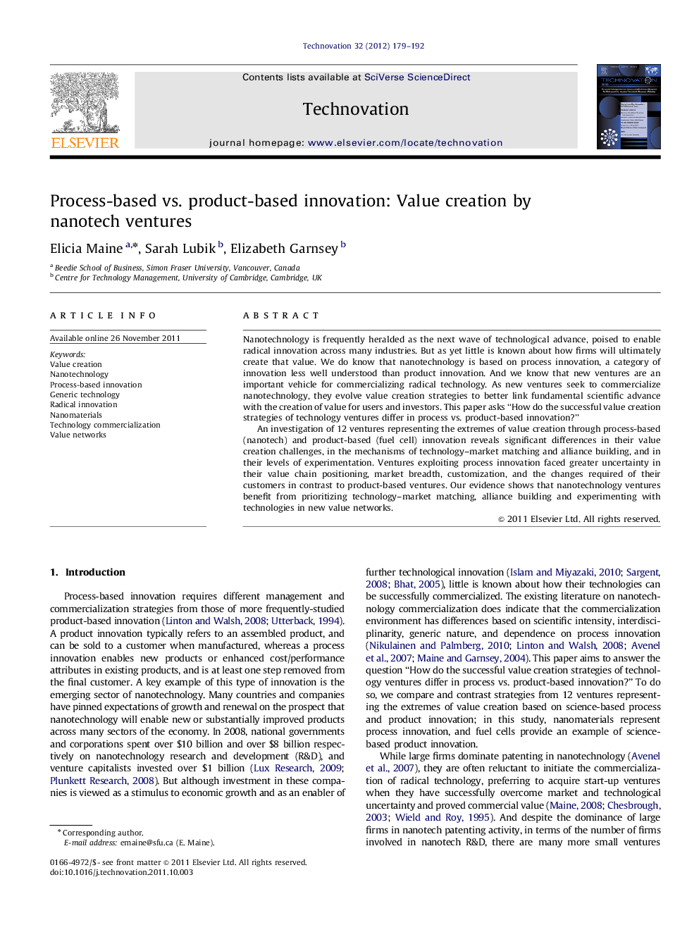 Process-based vs. product-based innovation: Value creation by nanotech ventures