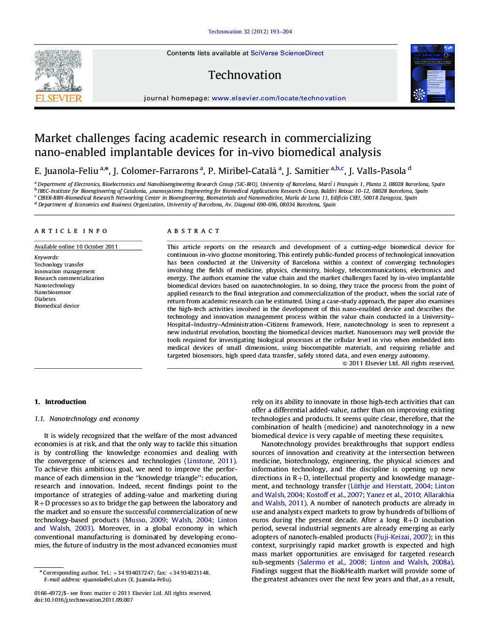 Market challenges facing academic research in commercializing nano-enabled implantable devices for in-vivo biomedical analysis