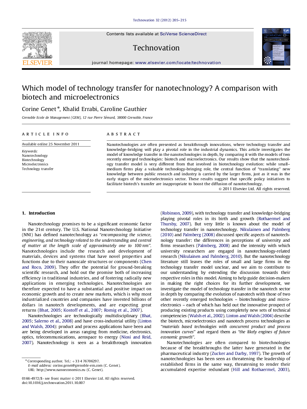 Which model of technology transfer for nanotechnology? A comparison with biotech and microelectronics