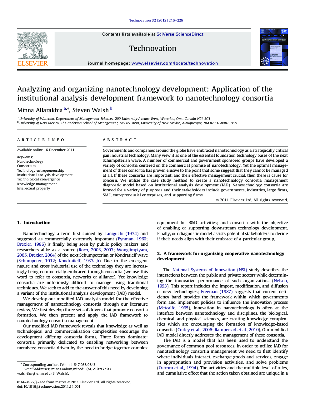 Analyzing and organizing nanotechnology development: Application of the institutional analysis development framework to nanotechnology consortia