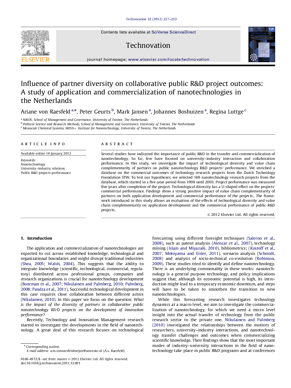 Influence of partner diversity on collaborative public R&D project outcomes: A study of application and commercialization of nanotechnologies in the Netherlands