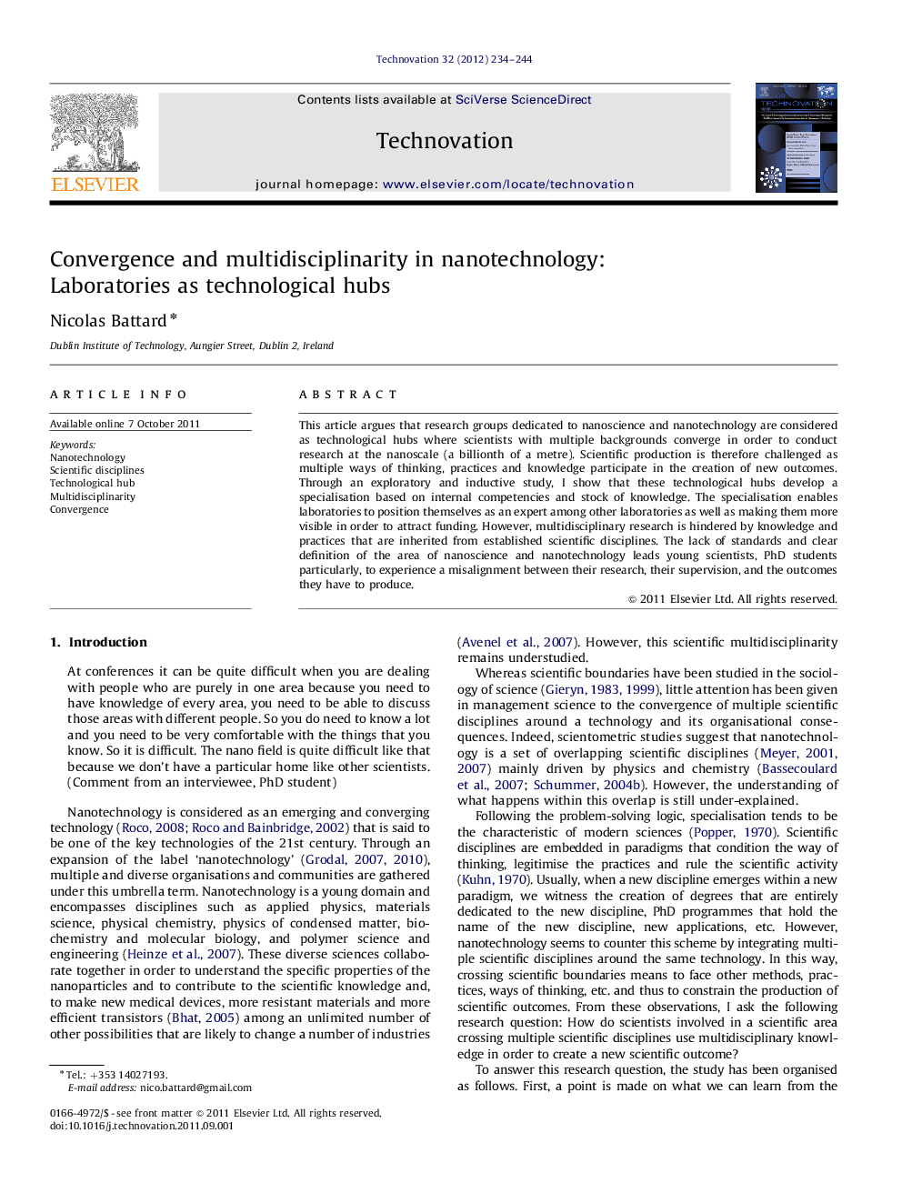 Convergence and multidisciplinarity in nanotechnology: Laboratories as technological hubs