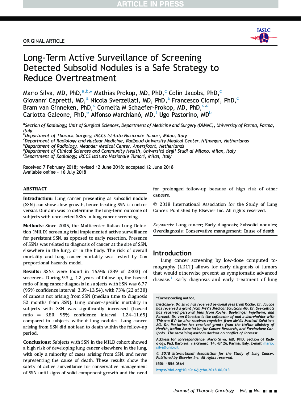 Long-Term Active Surveillance of Screening Detected Subsolid Nodules is a Safe Strategy to Reduce Overtreatment