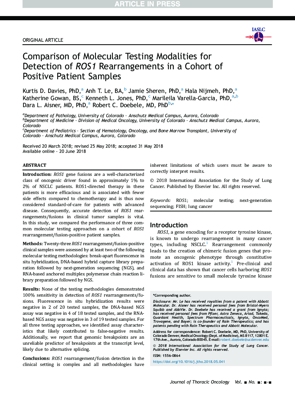 Comparison of Molecular Testing Modalities for Detection of ROS1 Rearrangements in a Cohort of Positive Patient Samples
