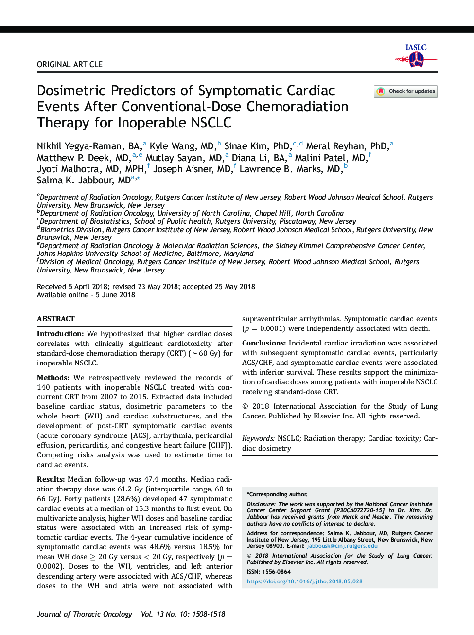 Dosimetric Predictors of Symptomatic Cardiac Events After Conventional-Dose Chemoradiation Therapy for Inoperable NSCLC