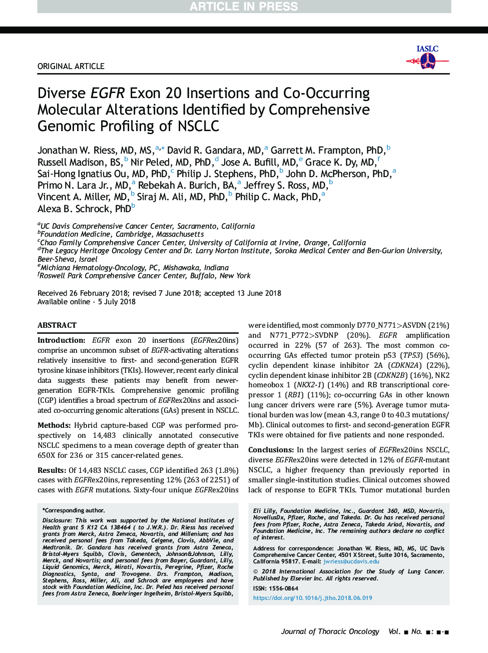 Diverse EGFR Exon 20 Insertions and Co-Occurring Molecular Alterations Identified by Comprehensive Genomic Profiling of NSCLC