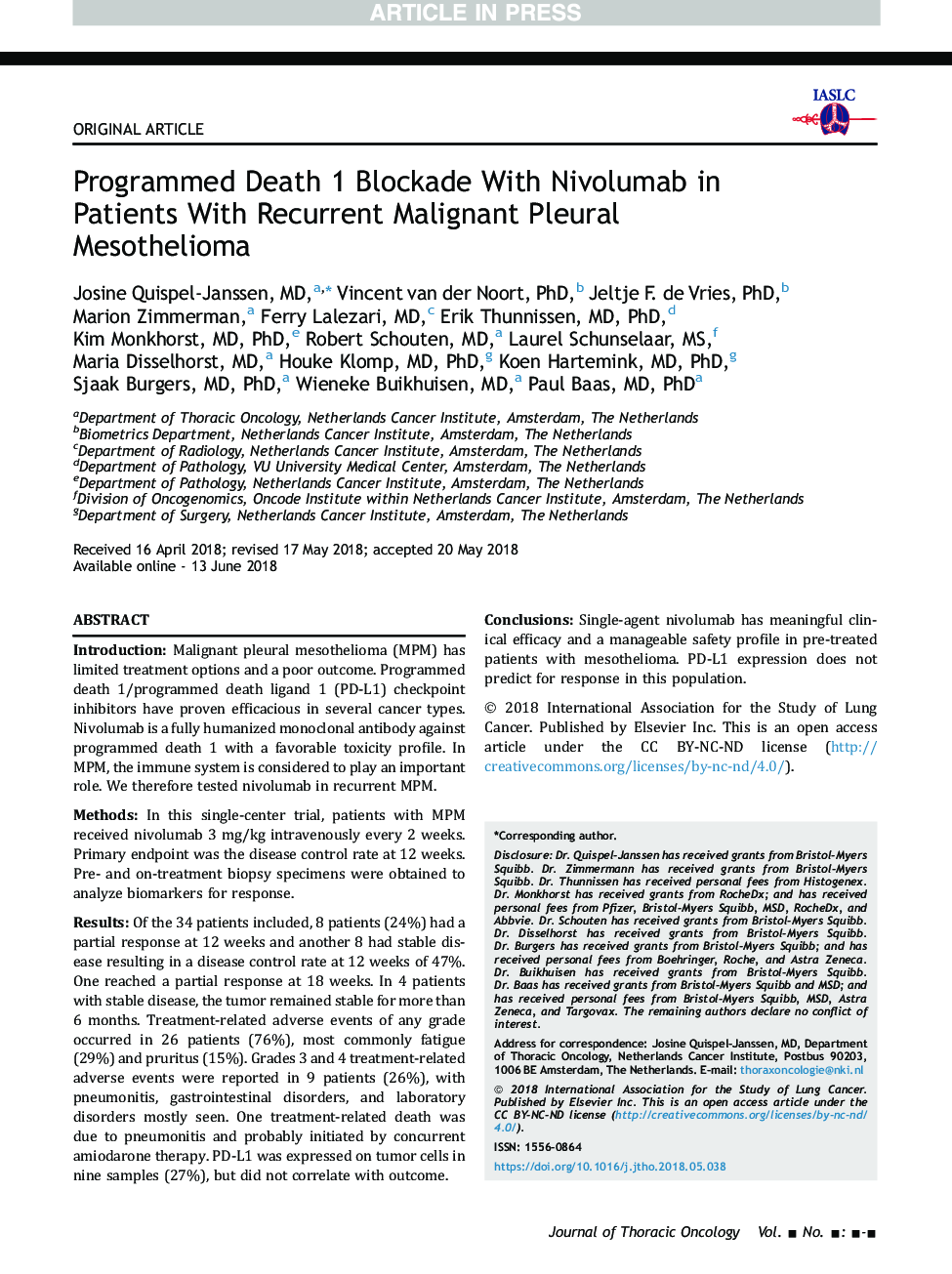 Programmed Death 1 Blockade With Nivolumab in Patients With Recurrent Malignant Pleural Mesothelioma