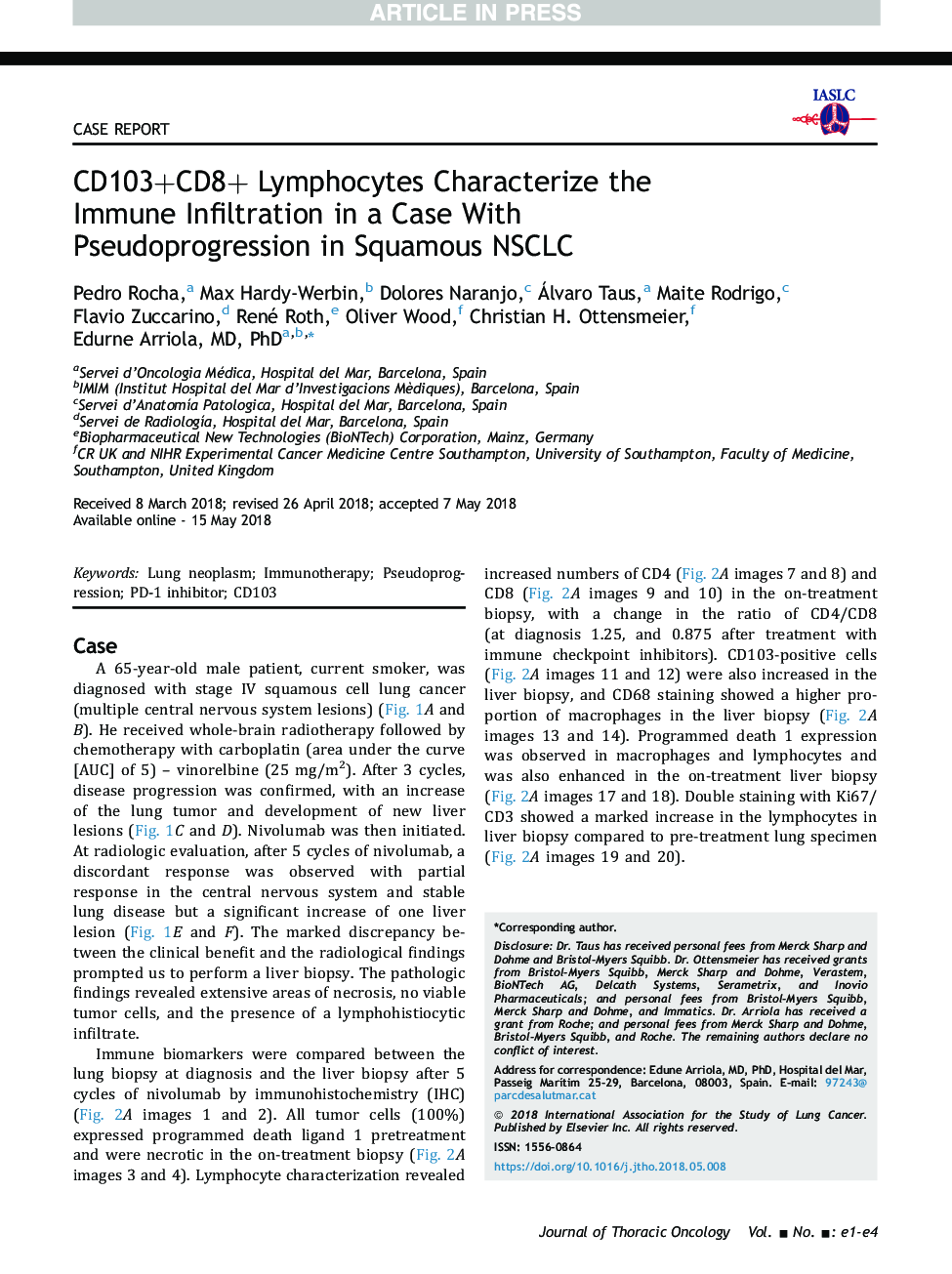 CD103+CD8+ Lymphocytes Characterize the Immune Infiltration in a Case With Pseudoprogression in Squamous NSCLC