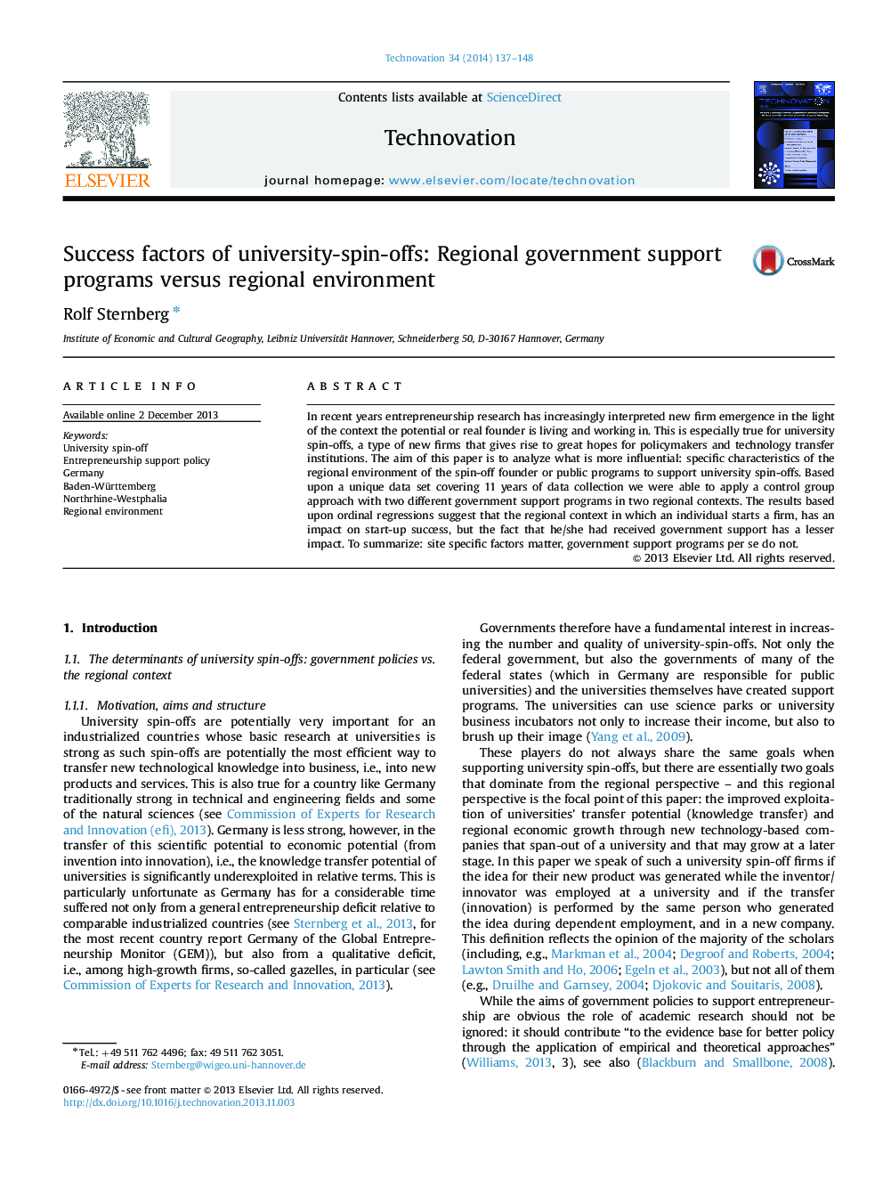 Success factors of university-spin-offs: Regional government support programs versus regional environment