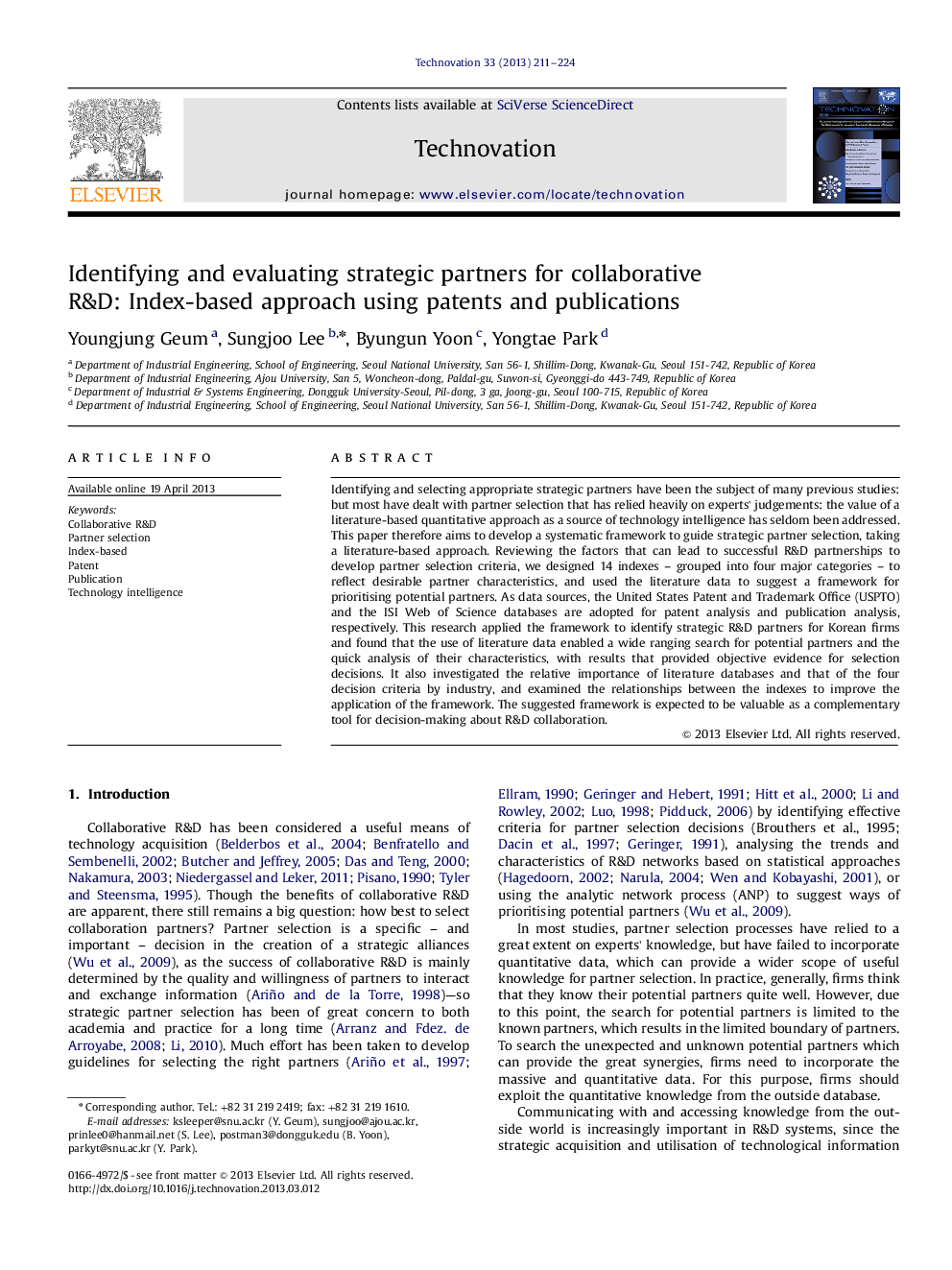 Identifying and evaluating strategic partners for collaborative R&D: Index-based approach using patents and publications