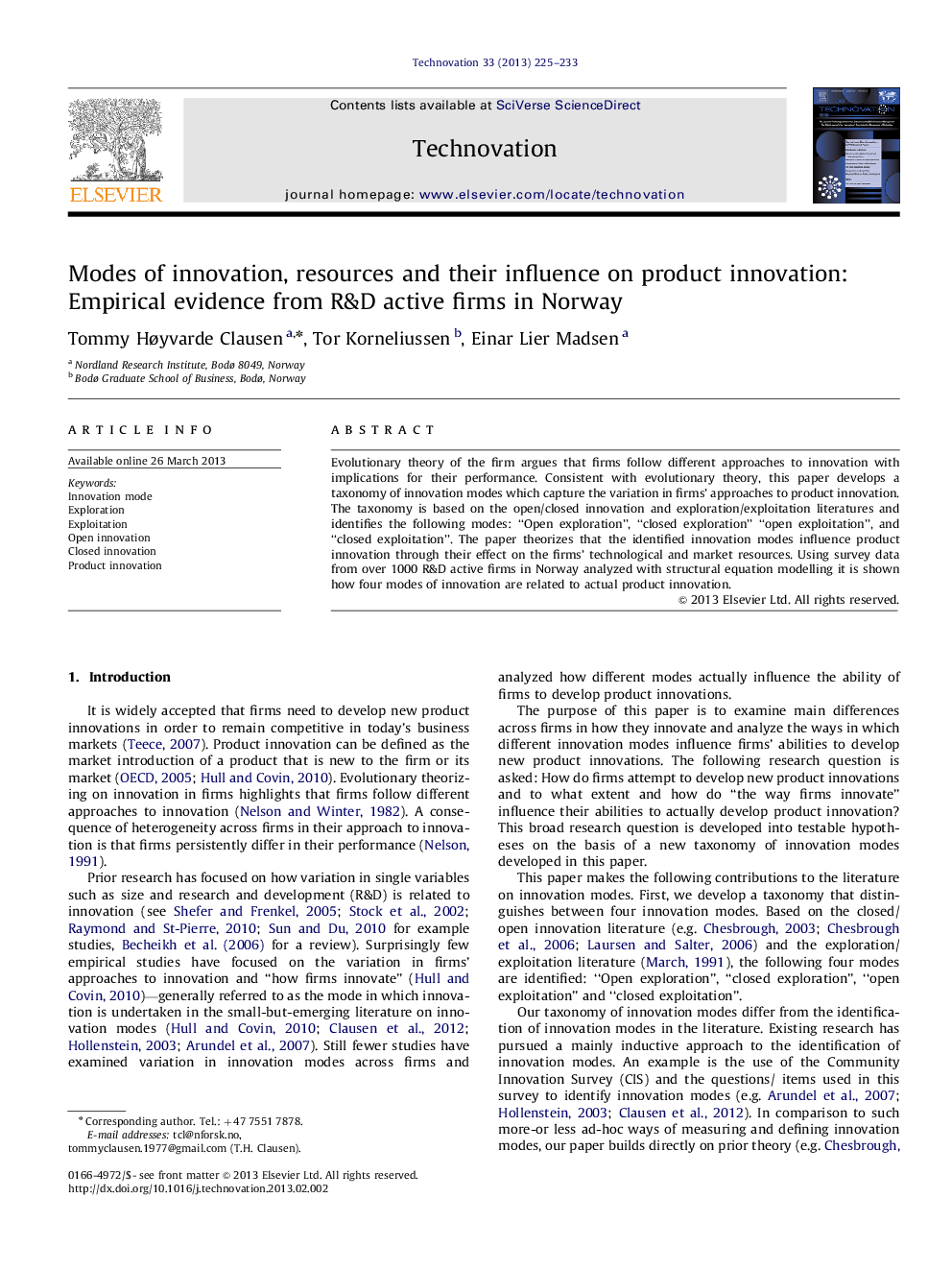 Modes of innovation, resources and their influence on product innovation: Empirical evidence from R&D active firms in Norway